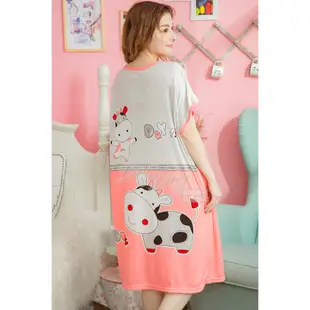 【Kilei】俏皮乳牛英字牛奶絲短袖連身裙睡衣XA3640-01(可愛淺桔)全尺碼