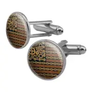 Steampunk American Flag with Gears Belts Chains Round Cufflink Set Silver Color