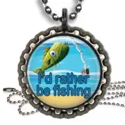 I'd Rather Be Fishing Bottle Cap Necklace & Chain Handmade Kids Fun Gift