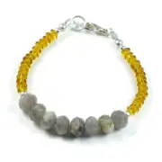 Semi-Precious Gemstone Bracelet Natural Labradorite-Citrine Faceted Beads 7.5"