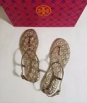 NIB Tory Burch Marion Quilted Leather T-Strap Sandal in Mica Size 9.5 $225
