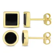 Amour Men's Yellow Plated Silver Square & Round Black Onyx Stud Earrings 2PC Set