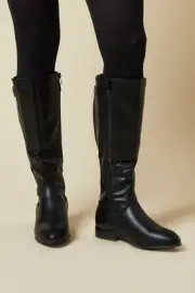 Dorothy Perkins Womens Knee High Boots Black Wide Fit Elastic Insert Flat Heel