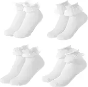 [JIYIN] 4 Pairs Women Lace Ruffle Socks, White Lace Ankle Socks Breathable Cotton Crew Ruffled Socks Lettuce Edge Boot Socks(Style B), White, 5-8
