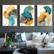 Abstract Wall Art Painting Blue Green Yellow Gold Leaf Canvas Print Wall