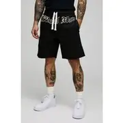 Mens Black Elasticated Waist Relaxed Twill Printed Shorts