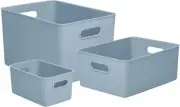 Superio Stone Blue Ribbed Storage Bin with Lid, Plastic (22L, 15L, 5L) -Set of 3