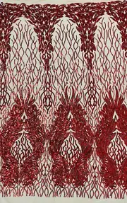 FEATHERS - Design Sequins Embroider 4 Way Stretch Mesh Fabric By Yard