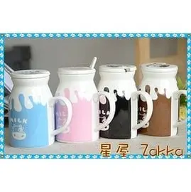 zakka 可愛乳牛圖案簡色小湯匙陶瓷杯蓋牛奶杯 日雜款好感設計MILK造型馬克杯 早餐杯 咖啡杯 餐桌餐具杯組 禮物