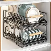 Pull Out Dish Racks Fixed with Adhesive Film, Slide Out Drawer Storage Shelves with Handle, 2 Tier Pull Out Cabinet Organizer, Heavy Duty Slide Out Pantry Drawers for Kitchen Cabinets (Black)