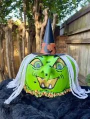 Witch Halloween Jack O’Lantern Paper Mache Pumpkin Handmade, Vintage Style