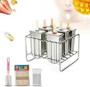 Ice Lolly Mould - 6 Cavity Ice Cream Moulds - Stainless Steel Popsicle Mould,with Wooden Stick,Popsicle Bag,Stainless Steel Base,Cup Brush, for DIY Frozen Ice Cream