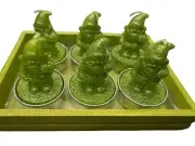 Set Of 6 Green Glitter Gnome Elf Tea Light Candles Whimsical Holiday ￼