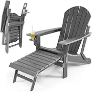 CVBFDB Grey Patio Folding Chair All Weather Pull Out Ottoman