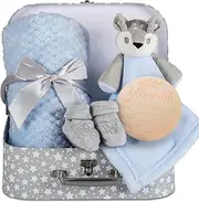 Baby Boy Gift Set - Blue Deer Fawn Security Blanket, Soft Fleece Suitcase Keepsake Box, Booties & Gift Basket - Unique Newborn Present for Baby Shower & Welcome