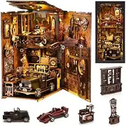 Ysityum Book Nook Kit, 3D DIY Wooden Puzzle Dollhouse Kit for Adults & Teens, Book Nook Bookshelf Insert Decoration Bookend Miniature Kit with Sensor Light Creative Craft Home Decor, Vintage Car
