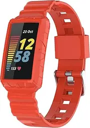 intended for Fitbit Charge 5 Bands with Bumper, TPU Sport Protective Case Rugged Protector Replacement Strap Accessories intended for Charge 5 Smart Watch (Orange)