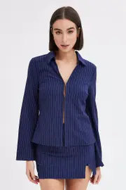 Blue Stripe Shirt Long Sleeve Collared Hook & Eye - Size 10, Women's Shirt
