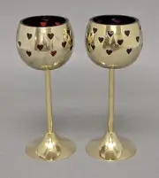 Votive Candle Holder Brass Red Glass Liner Heart Cutouts 3"D 7.5"High Set/2