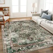Washable Area Rug 5'x7' Green Retro Boho Chic Medallion Distressed Design Liv...