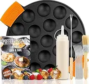 IRONO - Cast Iron Poffertjes Pan - Poffertjes Maker - 19 Mini Pancakes - Pancake Pan - Egg Crepe Pan - Pancake Pan - Includes Butter Brush, Fork, Dough Bottle, cp1234