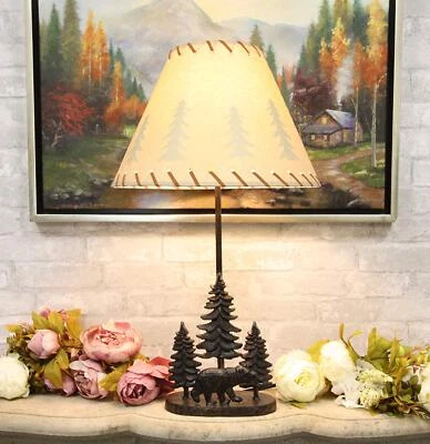 Ebros Rustic Black Bear in Pine Trees Forest Metal Table Lamp & Shade 24.5"High