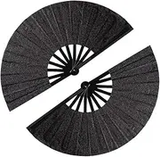 Tkocisa 2 Pack Large Folding Hand Fans Clack Handheld Fan for Party, Glitter Festival Hand Fan Large Rave Folding Hand Fan for Concert, Party, Festival, Halloween or Home Decorations(Black)