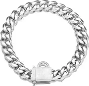 PRADOG Silver Chain Dog Collar with Zirconia Locking Stainless Steel Cuban Chian Dog Collar for Medium Large Dogs Luxury Bling Designer Heavy Duty Puppy Necklace (24MM, 18")