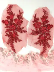 Appliques Floral Venise Lace RED Mirror Pair Sequin Beaded 11" (BL157X)