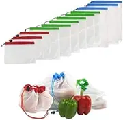 ZONADA Set of 12 Reusable Fruit and Vegetable Mesh Bags Eco-Friendly, Washable Storage Nets with Drawstring Closure - Polyester Material, Three Sizes, Ideal for Supermarket Shopping