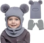 [Ewaycom] Toddler Baby Winter Hat Scarf Gloves Set Double Pompom Infant Boys Girls Beanie Hat with Warm Knitted Gloves 1-5 Years