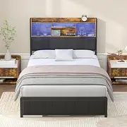 Ufurniture Double Size Bed Frame with Storage Upholstered Headboard & USB Ports & LED Light,Industrial PU Leather Platform Bed with Metal Mattress Base Support, Rustic Black (Double)