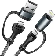 Aioneus PD 60W 4-in-1 Lightning Cable 1M, USB C Multi Fast Charging Cable Nylon Braided Cord 3A USB A/C to Type C/Lightning Fast Sync Charger iPhone, iPad, Huawei, Samsung Galaxy, B-2in 2 1m Black