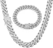 2Pcs Cuban Link Chain for Men,Miami Cuban Chains,Bling Diamond Chain for Hip Hop