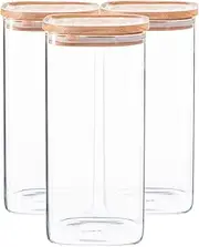 Argon Tableware Square Glass Storage Jars with Airtight Wooden Lids - 1500ml - 6 Pack - Modern Kitchen Container Preserving Jars for Pickling, Chutney, Jam, Coffee, Olives, Sugar, Spices