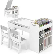 HONEY JOY Kids Art Table & 2 Chairs Set w/Paper Roll, Craft Desk w/Flip-up Tabletop, Storage Shelves, 8 Paint Cups, Fabric Bins & Portable Art Supply Organizer for Drawing, Activities, Study, Grey