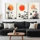 3pcs Bamboo and Red Sun Minimalist Perfect Wall Art Canvas Unframed/Framed