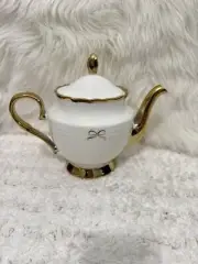 Yedi White Teapot and Lid w/ Gold Bow and Gold Accents Fine Porcelain NEW