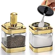 Mezchi 2 Pack Glss Condiment Pot, 12 Ounce Gold Spice Jars with Spoon, Seasoning Box Set Salt Container, Sugar Dispense, Kitchen Containers for Flour and Sugar