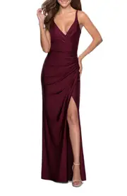La Femme Ruched Jersey Prom Dress with Tie Up Back in Dark Berry at Nordstrom, Size 00
