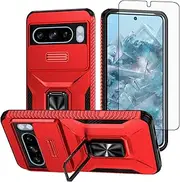 [Asuwish] Phone Case for Google Pixel 8 Pro 5G with Slide Camera Cover Tempered Glass Screen Protector Ring Holder Stand Rugged Slim Hybrid Cell Protective Pixel8Pro Pixel8 XL Eight 8Pro Women Men Red