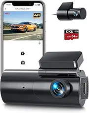 GKU 4K WiFi Dash Cam, Dual Front & Rear 4K+1080P, Hidden Car Camera with Night Vision, 64GB SDcard Inserted, Loop Recording, G-Sensor, WDR, Parking Monitor, Supports up to 128GB