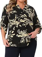 [Agnes Orinda] Plus Size Floral Blouses for Women 3/4 Rolled Sleeves Button Notch V Neck Shirts Top with Pockets