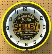 18" Yellow SHELBY RACING Double Neon Carbon Fiber Like Clock Mustang Cobra