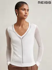 Reiss White Soraya Sheer-Detail V-Neck Top (W31588) | $245