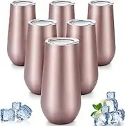 6 Pieces Stemless Champagne Flutes Double-Insulated Champagne Tumbler with Lips, 6 OZ Stainless Steel Unbreakable Cocktail Cups for Coffee Wine Glass Tumbler 6 Rose Gold