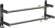 Towel Rail Wall Black Matt Towel Holder Bathroom Extendable Stainless Steel 2 Bars 43-75 cm with Hooks Shower Towel Holder for Bathroom Kitchen 2 Installation Methods - Drilling and No Drilling