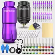 Wormhole Tattoo Machine Kit Wireless Motor Pen Gun Color Ink Power Supply Needle