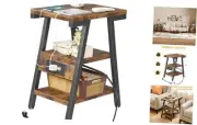 End Table with Charging Station, Small Side Tables with Lucky 7 Rustic Brown