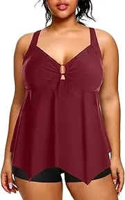 [Holipick] Plus Size Two Piece Tankini Top with Shorts Swimsuits for Women Tummy Control Bathing Suits